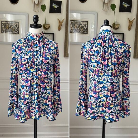 Paco Rabanne Floral Pansy Button Up Mock Neck Peplum Blouse $800 40 8 - Picture 1 of 11